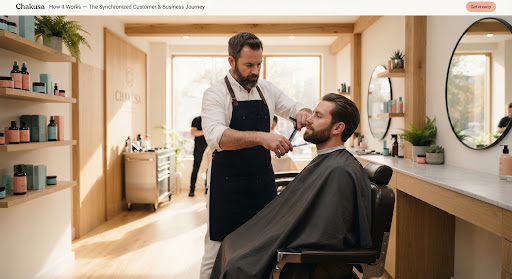 A barber trimming a beard in a studio