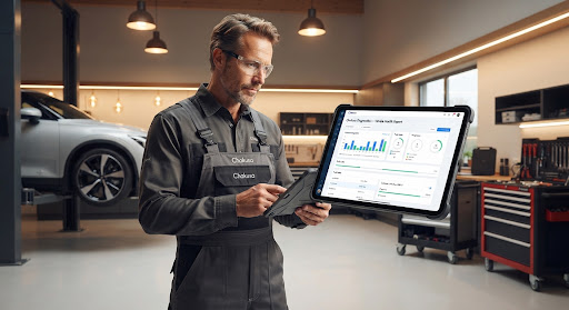 An auto technician reviewing diagnostics in a workshop